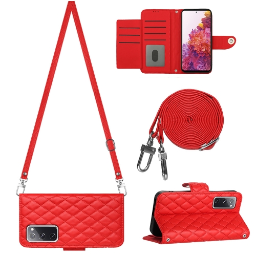 

For Samsung Galaxy S20 FE Rhombic Texture Flip Leather Phone Case with Long Lanyard(Red)