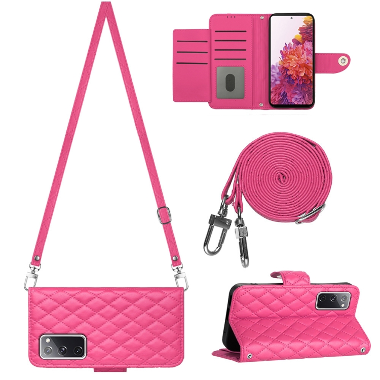 

For Samsung Galaxy S20 FE Rhombic Texture Flip Leather Phone Case with Long Lanyard(Rose Red)