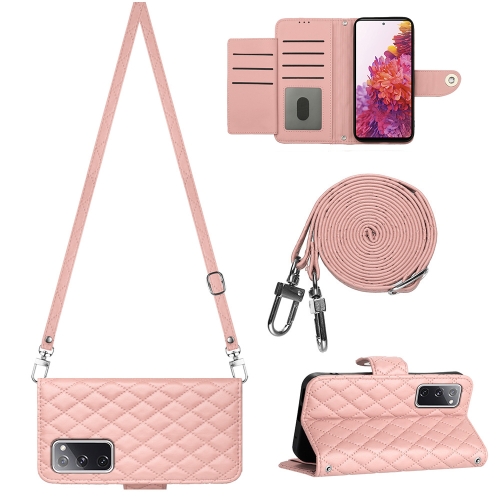 

For Samsung Galaxy S20 FE Rhombic Texture Flip Leather Phone Case with Long Lanyard(Coral Pink)