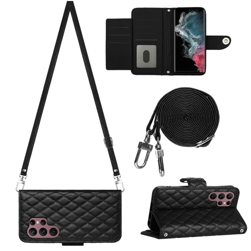 

For Samsung Galaxy S22 Ultra 5G Rhombic Texture Flip Leather Phone Case with Long Lanyard(Black)