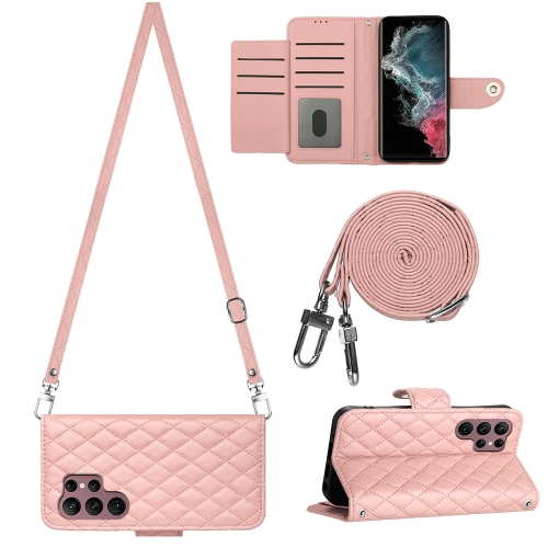 

For Samsung Galaxy S22 Ultra 5G Rhombic Texture Flip Leather Phone Case with Long Lanyard(Coral Pink)