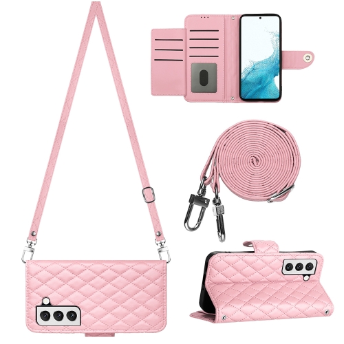 

For Samsung Galaxy S22+ 5G Rhombic Texture Flip Leather Phone Case with Long Lanyard(Pink)