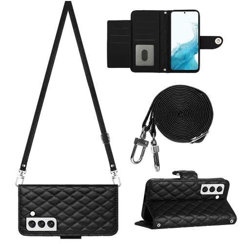 

For Samsung Galaxy S22 5G Rhombic Texture Flip Leather Phone Case with Long Lanyard(Black)