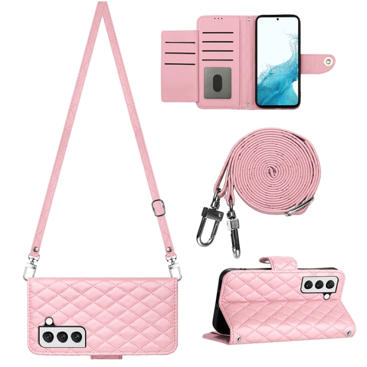 

For Samsung Galaxy S22 5G Rhombic Texture Flip Leather Phone Case with Long Lanyard(Pink)