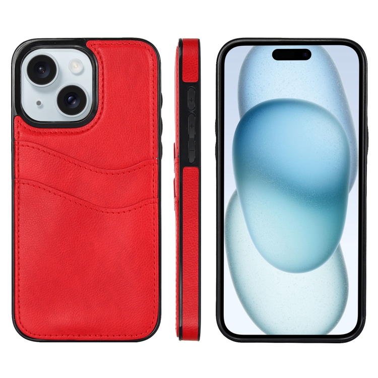 

For iPhone 15 Litchi Leather Skin Card Slots Phone Case(Red)