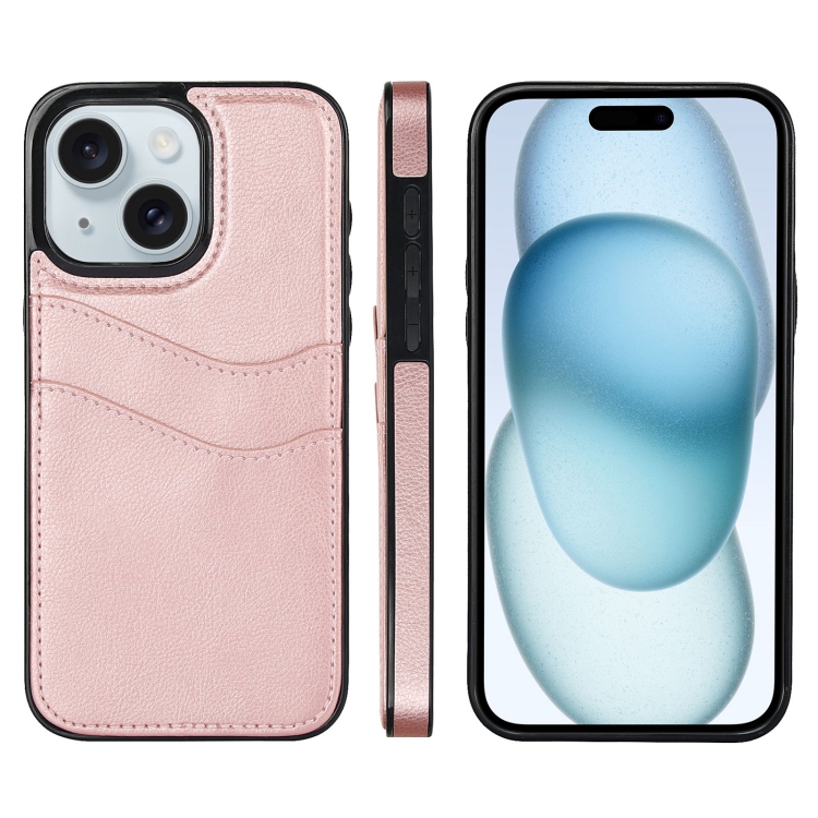 

For iPhone 15 Litchi Leather Skin Card Slots Phone Case(Rose Gold)
