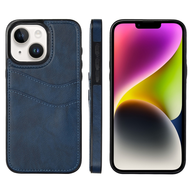 

For iPhone 14 Litchi Leather Skin Card Slots Phone Case(Blue)