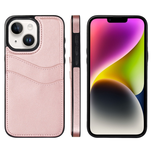 

For iPhone 14 Litchi Leather Skin Card Slots Phone Case(Rose Gold)