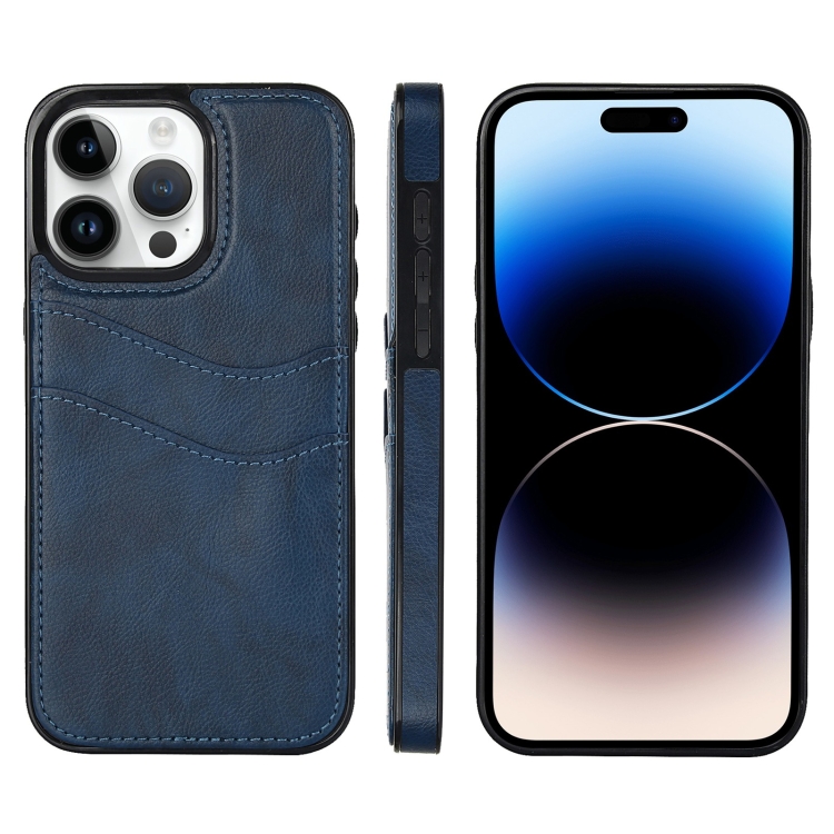 

For iPhone 14 Pro Max Litchi Leather Skin Card Slots Phone Case(Blue)