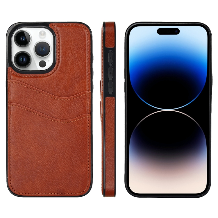 

For iPhone 14 Pro Max Litchi Leather Skin Card Slots Phone Case(Brown)