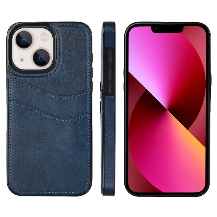 

For iPhone 13 Litchi Leather Skin Card Slots Phone Case(Blue)