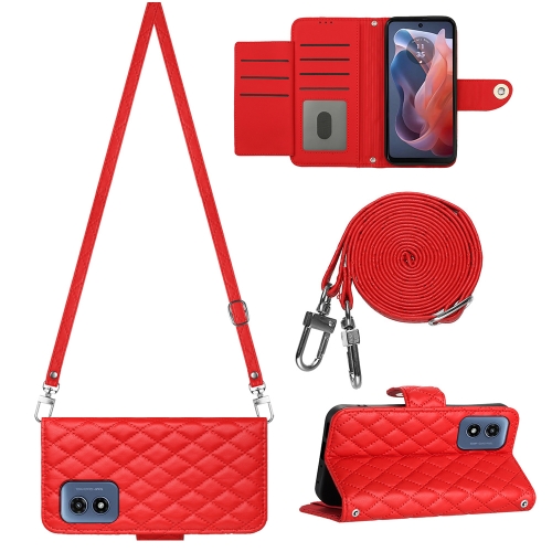 

For Motorola Moto G Play 4G 2024 Rhombic Texture Flip Leather Phone Case with Long Lanyard(Red)