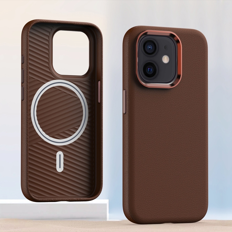 

For iPhone 12 Metal Lens Frame Leather Magsafe Full Coverage Shockproof Phone Case(Brown)