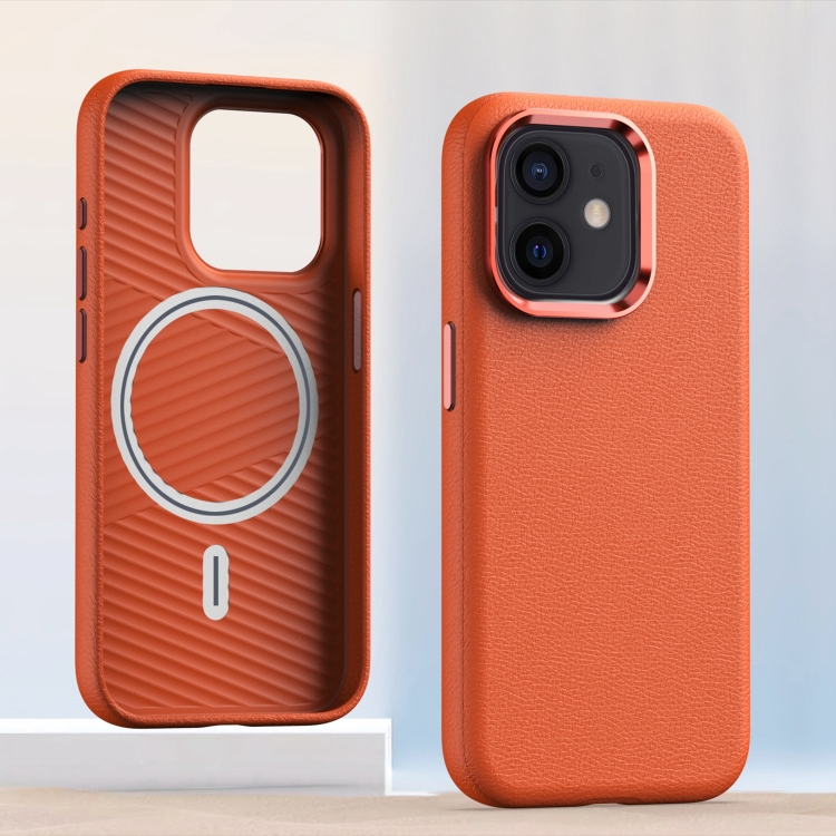 

For iPhone 12 Metal Lens Frame Leather Magsafe Full Coverage Shockproof Phone Case(Orange)