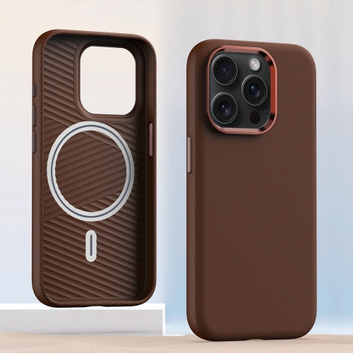 

For iPhone 12 Pro Metal Lens Frame Leather Magsafe Full Coverage Shockproof Phone Case(Brown)