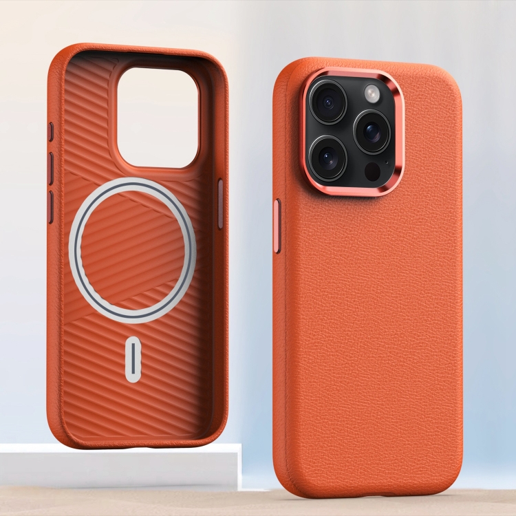 

For iPhone 12 Pro Metal Lens Frame Leather Magsafe Full Coverage Shockproof Phone Case(Orange)