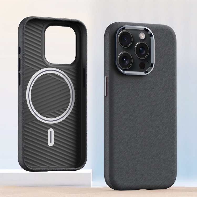

For iPhone 15 Pro Metal Lens Frame Leather Magsafe Full Coverage Shockproof Phone Case(Grey)