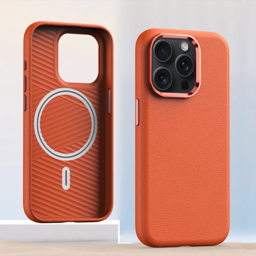 

For iPhone 15 Pro Metal Lens Frame Leather Magsafe Full Coverage Shockproof Phone Case(Orange)
