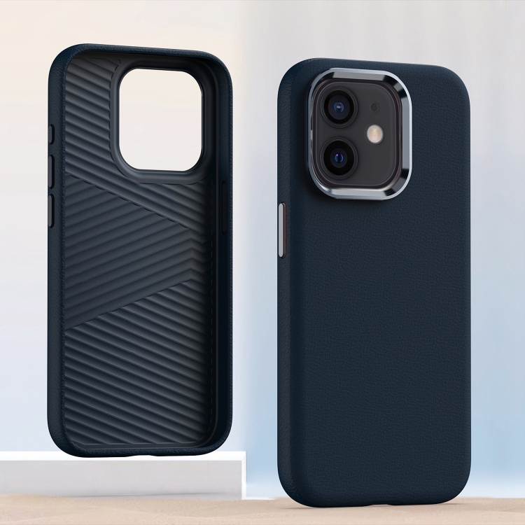 

For iPhone 12 Metal Lens Frame Leather Full Coverage Shockproof Phone Case(Blue)