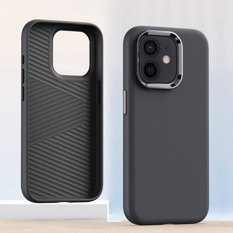 

For iPhone 12 Metal Lens Frame Leather Full Coverage Shockproof Phone Case(Grey)