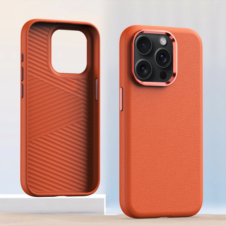 

For iPhone 12 Pro Metal Lens Frame Leather Full Coverage Shockproof Phone Case(Orange)