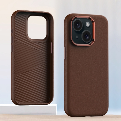 

For iPhone 14 Metal Lens Frame Leather Full Coverage Shockproof Phone Case(Brown)