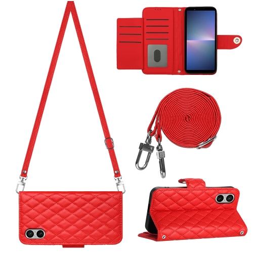 

For Sony Xperia 5 V Rhombic Texture Flip Leather Phone Case with Long Lanyard(Red)