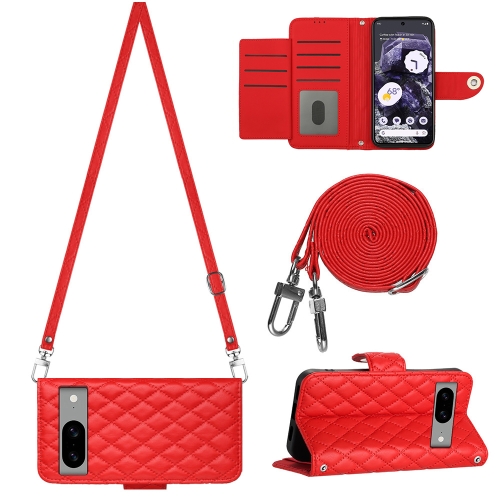 

For Google Pixel 8a Rhombic Texture Flip Leather Phone Case with Long Lanyard(Red)