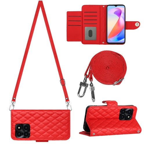 

For Honor X6a Rhombic Texture Flip Leather Phone Case with Long Lanyard(Red)