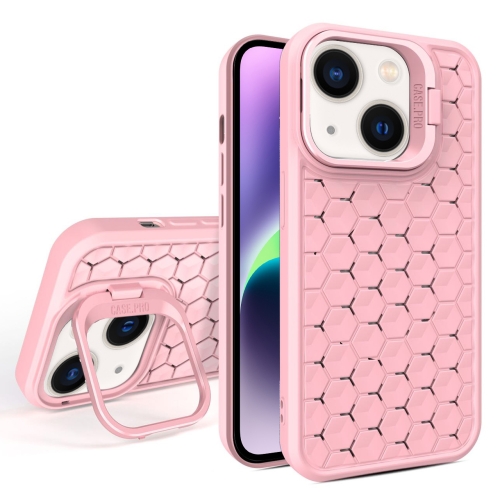 

For iPhone 14 Honeycomb Radiating Lens Holder Magsafe Phone Case(Pink)