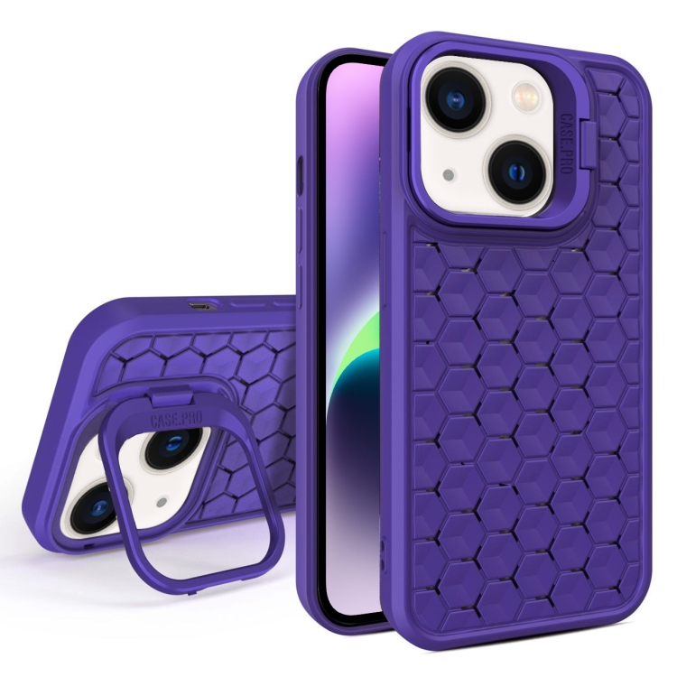 

For iPhone 14 Honeycomb Radiating Lens Holder Magsafe Phone Case(Purple)