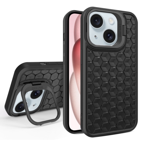 

For iPhone 15 Honeycomb Radiating Lens Holder Magsafe Phone Case(Black)