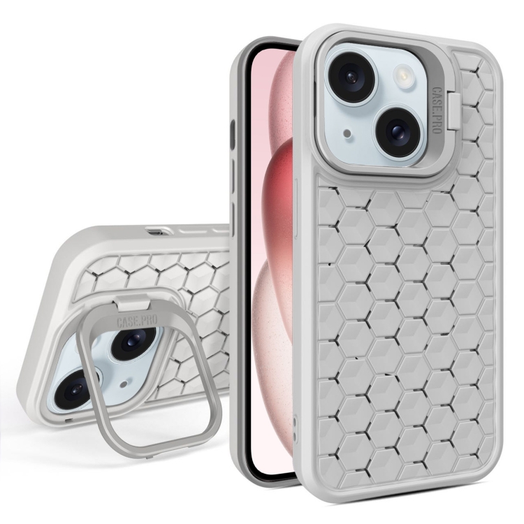 

For iPhone 15 Honeycomb Radiating Lens Holder Magsafe Phone Case(Grey)