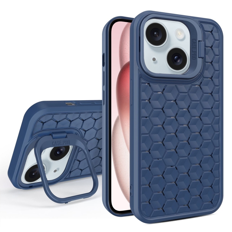 

For iPhone 15 Plus Honeycomb Radiating Lens Holder Magsafe Phone Case(Blue)