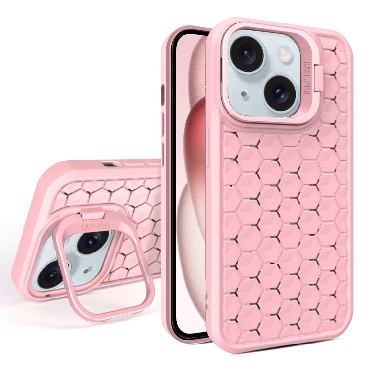 

For iPhone 15 Plus Honeycomb Radiating Lens Holder Magsafe Phone Case(Pink)