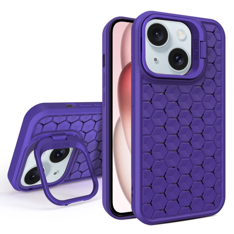 

For iPhone 15 Plus Honeycomb Radiating Lens Holder Magsafe Phone Case(Purple)