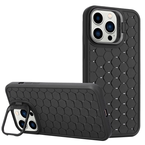 

For iPhone 16 Pro Max Honeycomb Radiating Lens Holder Magsafe Phone Case(Black)