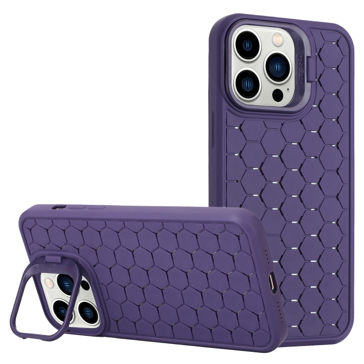 

For iPhone 16 Pro Honeycomb Radiating Lens Holder Magsafe Phone Case(Purple)