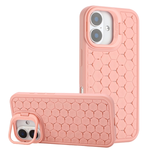 

For iPhone 16 Honeycomb Radiating Lens Holder Magsafe Phone Case(Pink)