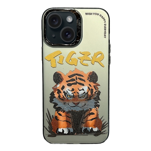 

For iPhone 15 Electroplated Lens Ring Cartoon Animal Phone Case(Tiger)