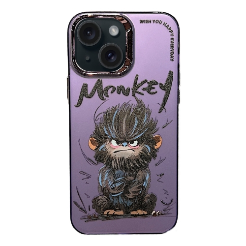 

For iPhone 15 Electroplated Lens Ring Cartoon Animal Phone Case(Monkey)