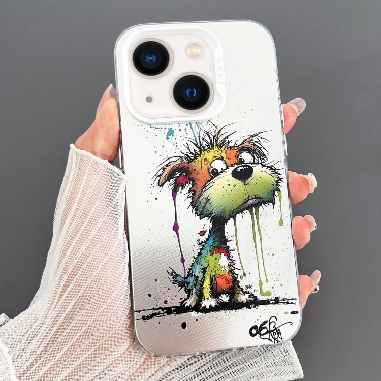 

For iPhone 13 Dual-sided IMD Animal Graffiti TPU + PC Phone Case(Melting Green Orange Dog)