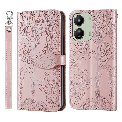 

For Xiaomi Redmi 13C 4G / 5G Life Tree Embossing Pattern Leather Phone Case(Rose Gold)