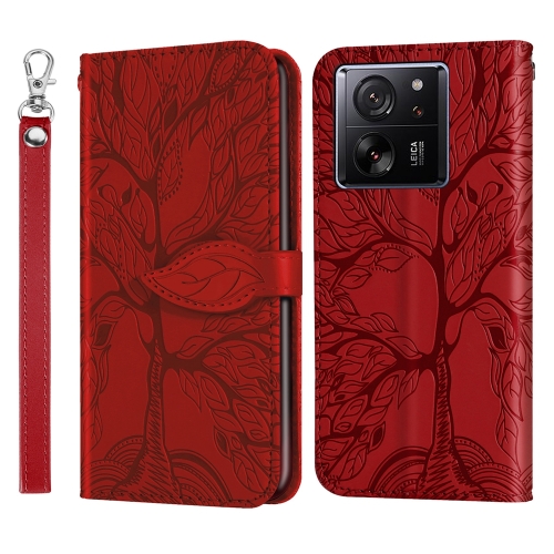 

For Xiaomi 13T Life Tree Embossing Pattern Leather Phone Case(Red)