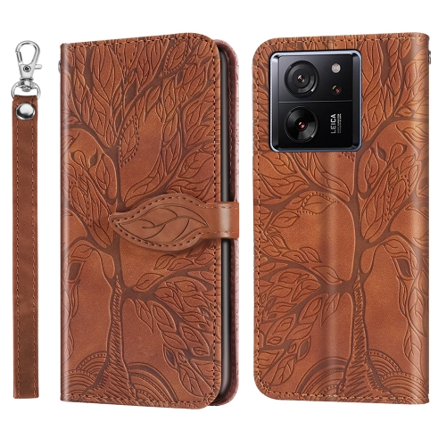 

For Xiaomi 13T Life Tree Embossing Pattern Leather Phone Case(Brown)