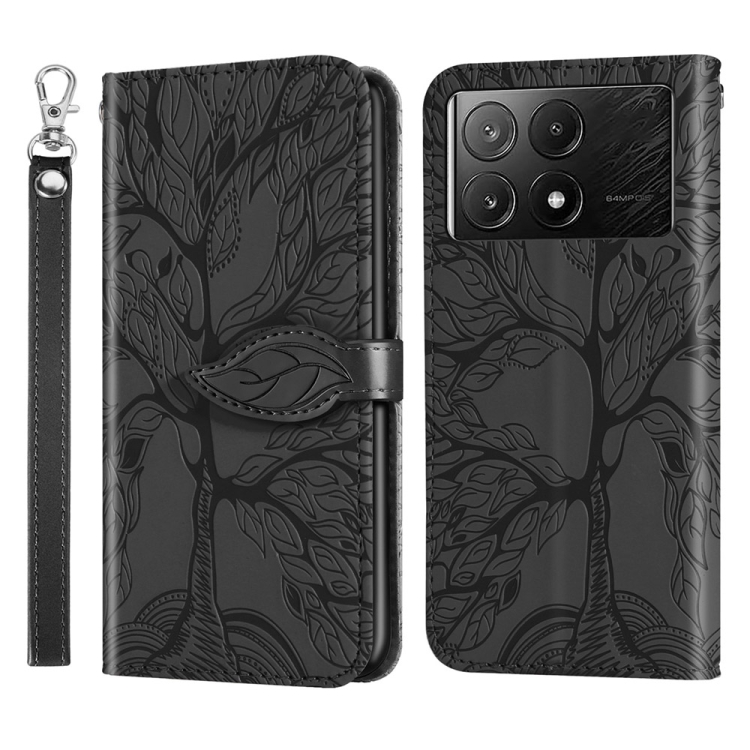 

For Xiaomi Poco X6 Pro Life Tree Embossing Pattern Leather Phone Case(Black)