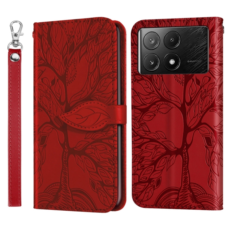 

For Xiaomi Poco X6 Pro Life Tree Embossing Pattern Leather Phone Case(Red)
