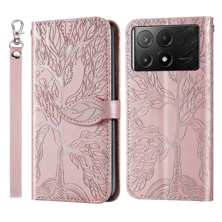 

For Xiaomi Poco X6 Pro Life Tree Embossing Pattern Leather Phone Case(Rose Gold)