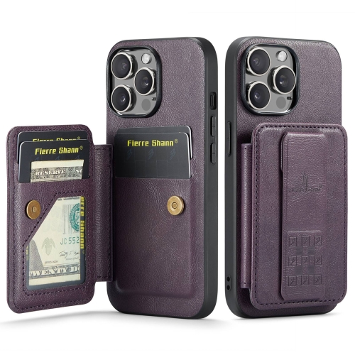 

For iPhone 15 Pro Max Fierre Shann Oil Wax Cow Leather Card Holder Back Phone Case(Purple)