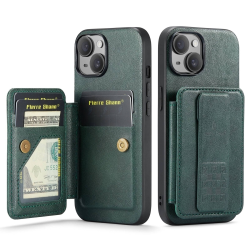 For iPhone 15 Plus Fierre Shann Oil Wax Cow Leather Card Holder Back Phone Case(Green) for iphone 14 pro fierre shann oil wax cow leather card holder back phone case grey